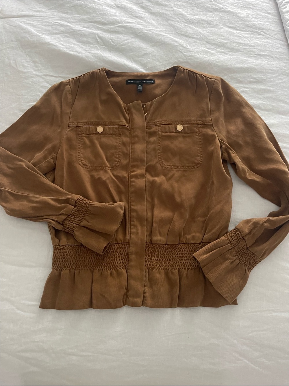 Brown cropped peplum smocked jacket XS